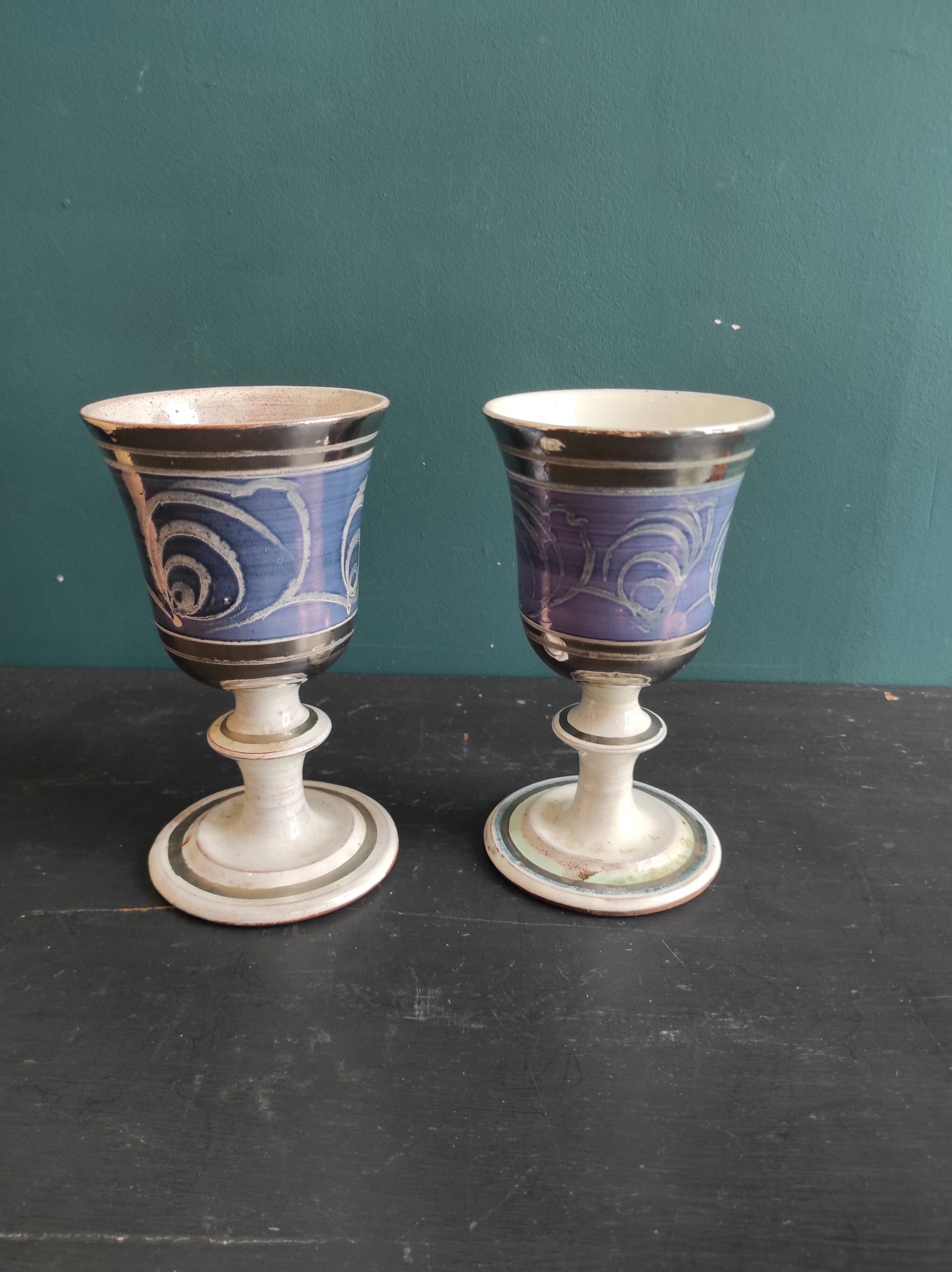 Set of 2 large ceramic glasses in blue and silver