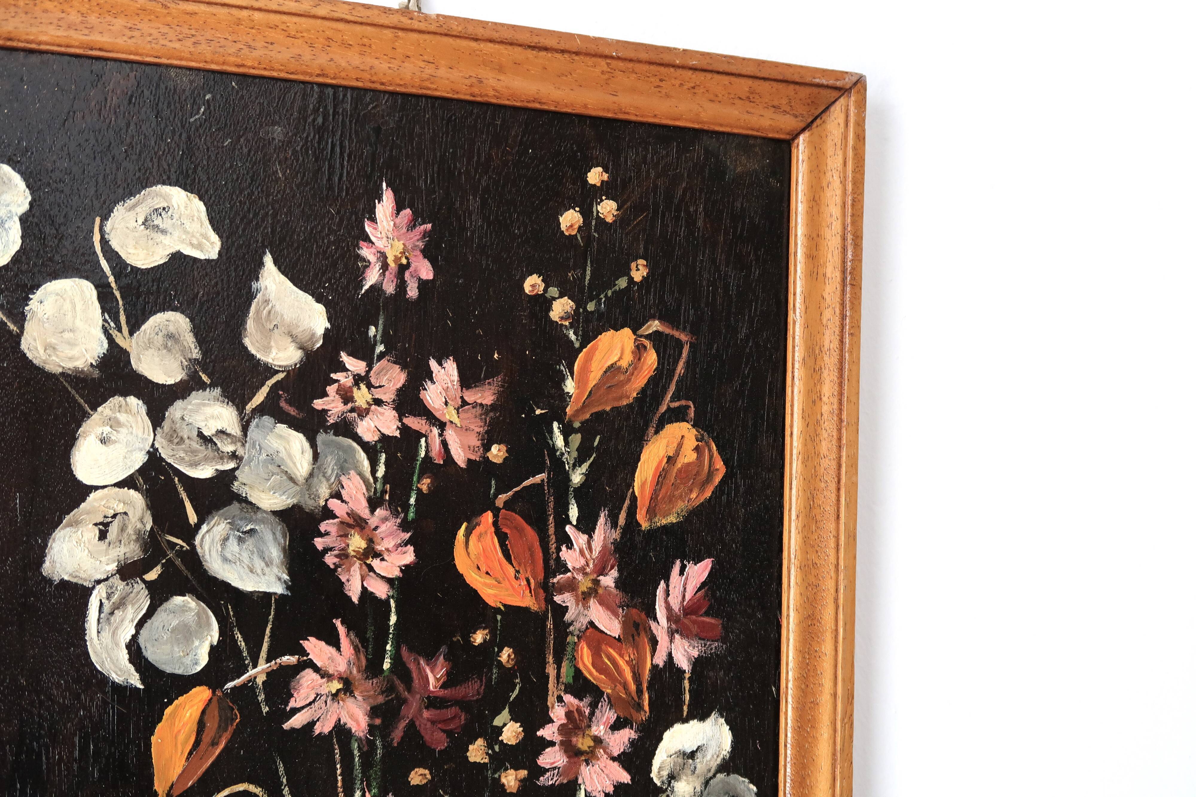 Painting, signed oil painting: flowers on a black background, 50s