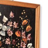 Painting, signed oil painting: flowers on a black background, 50s
