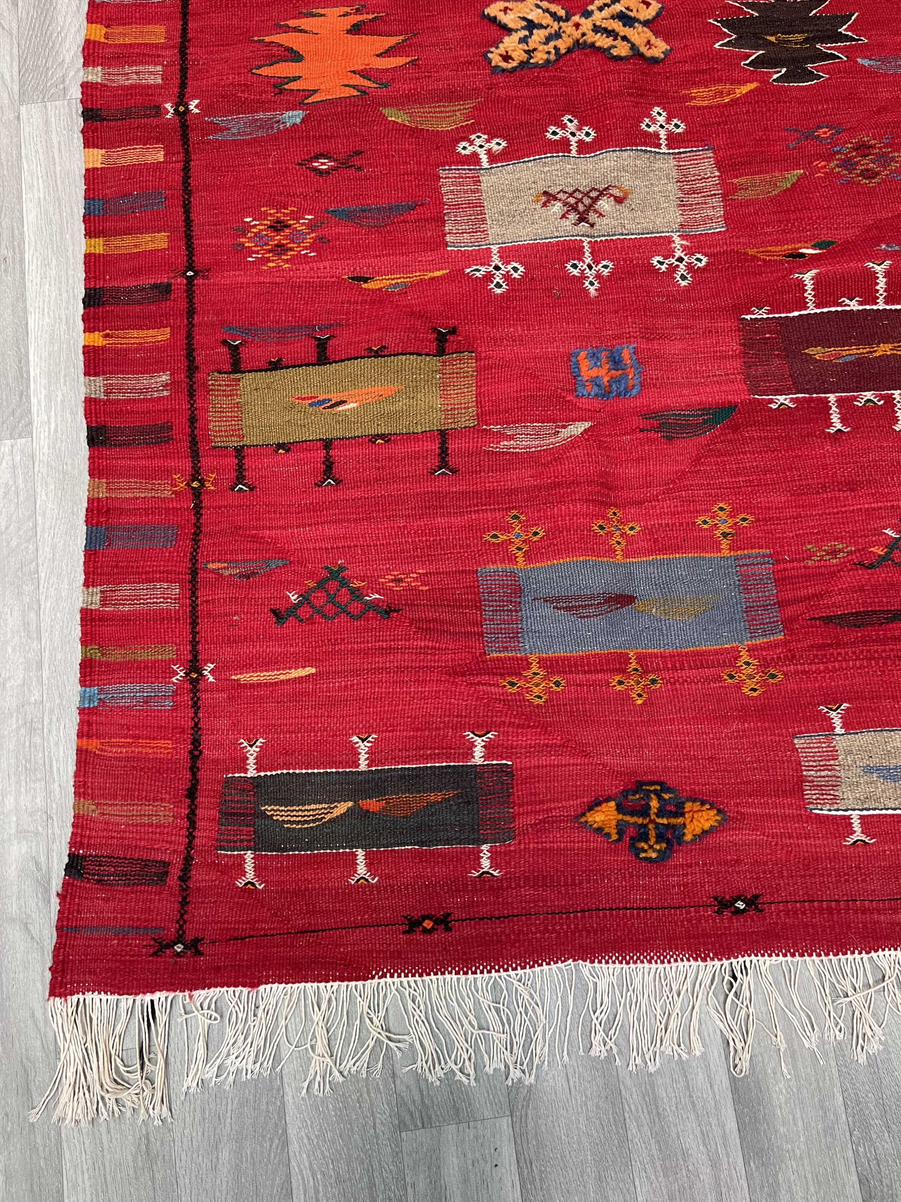 Unique and medium berber kilim, red rug, moroccan kilim, decoration rug