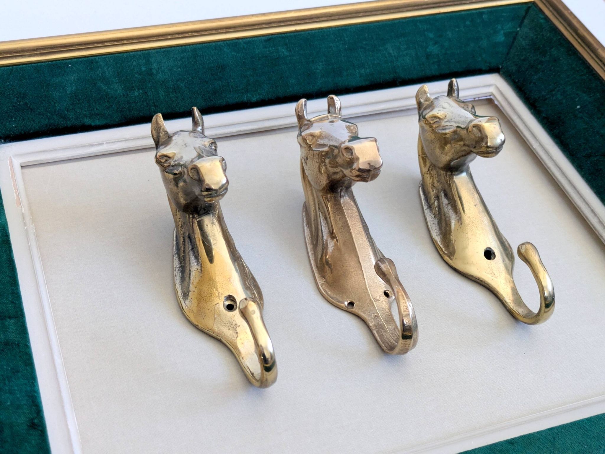 Set of 3 brass wall hooks horse head vintage coat hangers