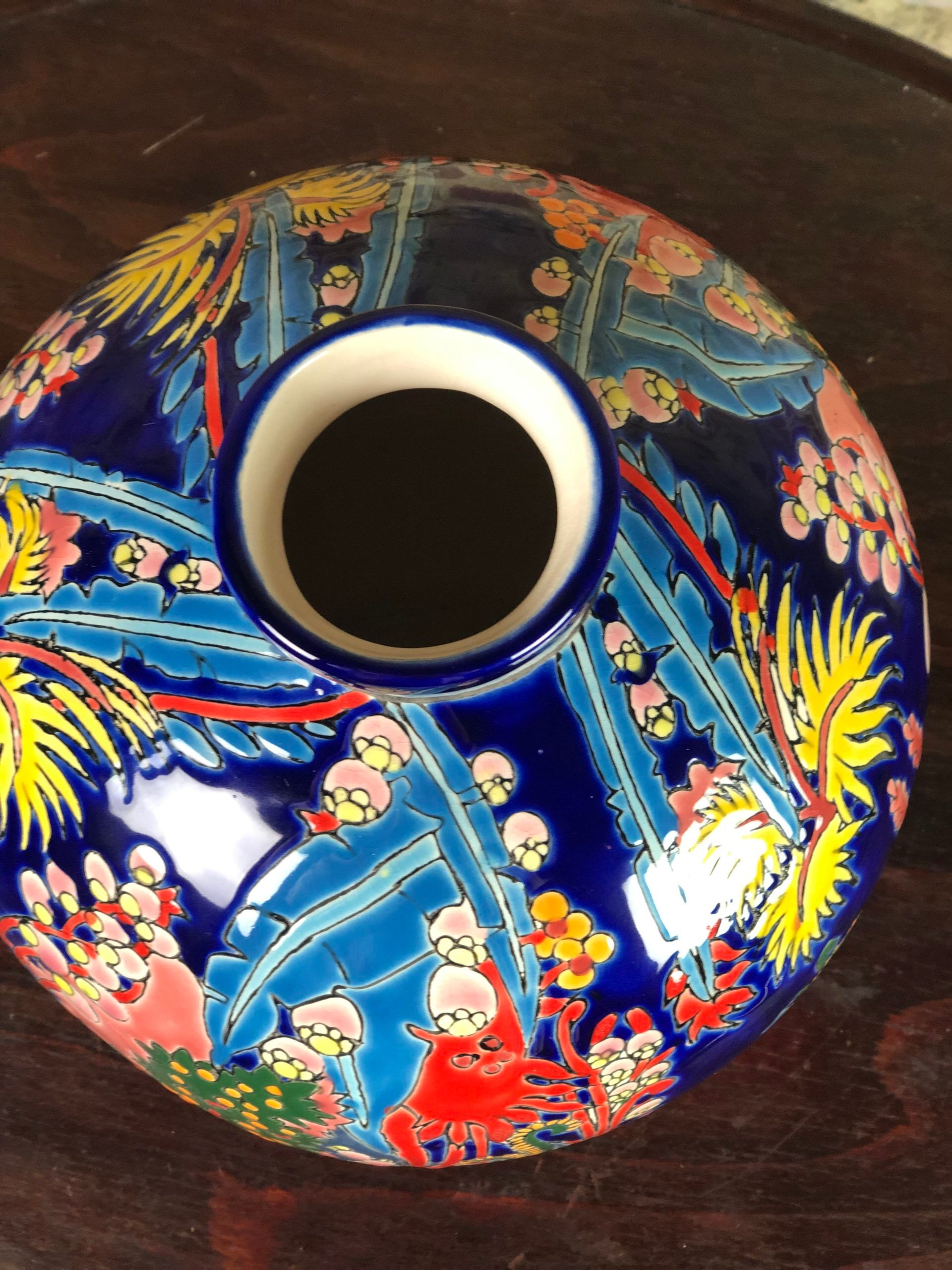 Art Deco style ball vase in glazed earthenware Jungle decoration Diameter 25 cm