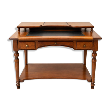 Cherry wood executive desk with black leather, screen support, shelf.