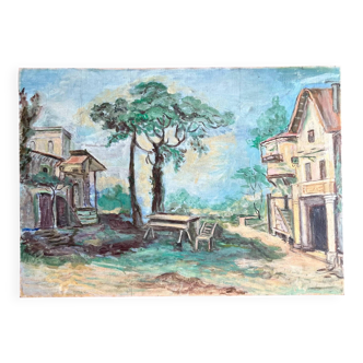 Peinture à l'huile vintage de paysage provençal français