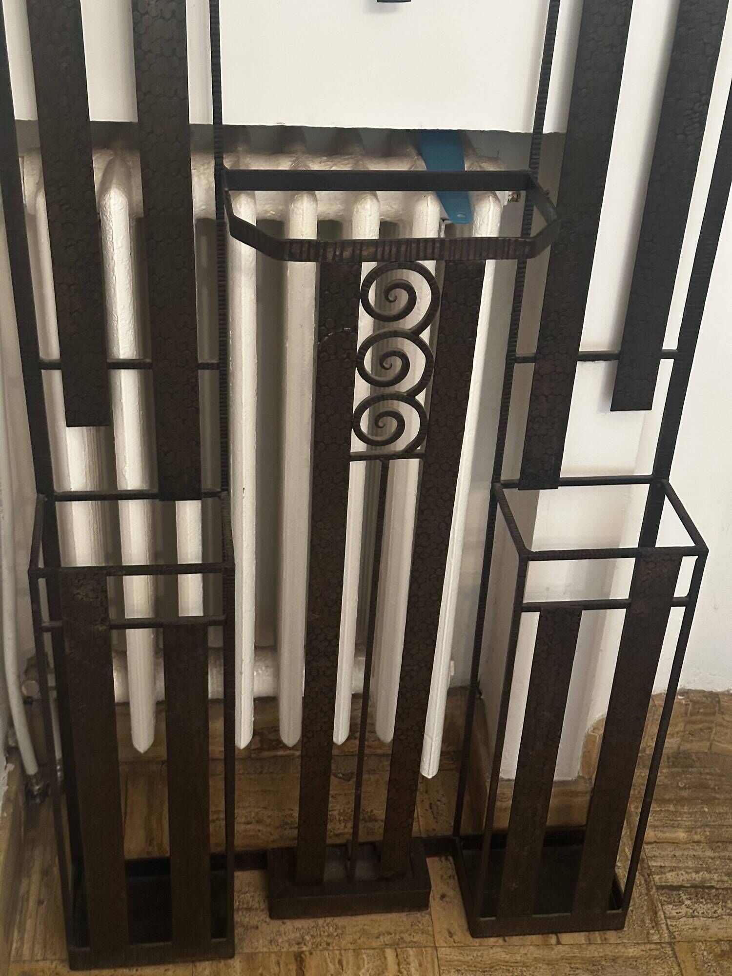Art deco wrought iron coat rack and Degue lamp