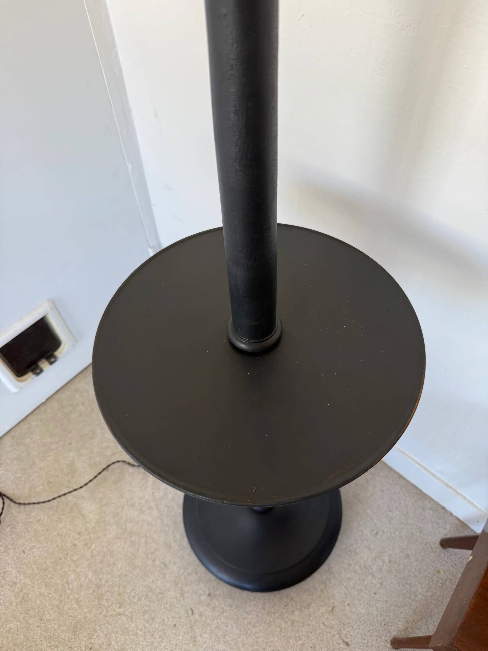 Vintage floor lamp in black patinated wood and striped lampshade