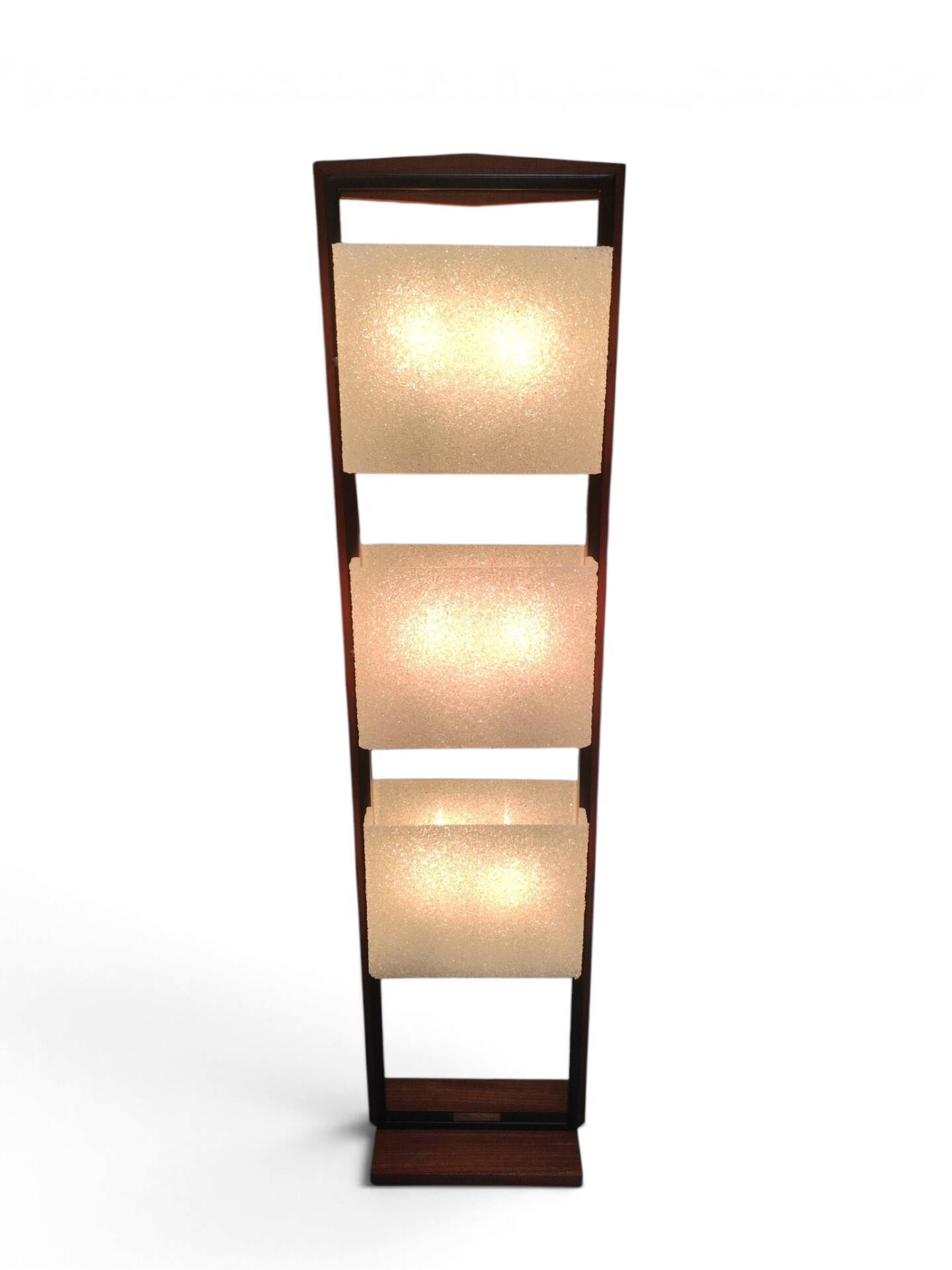 Column totem floor lamp in teak and frosted resin Scandinavian design