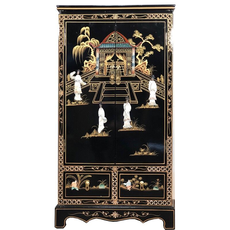 Black lacquered Chinese wardrobe with inlays
