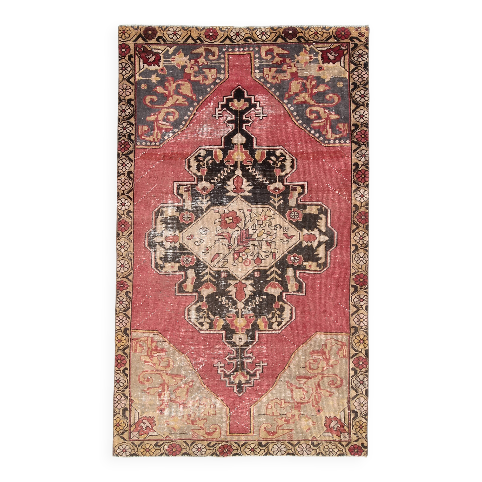 Oriental Pattern Classic Red Black Vintage Persian Rug, 132x222Cm