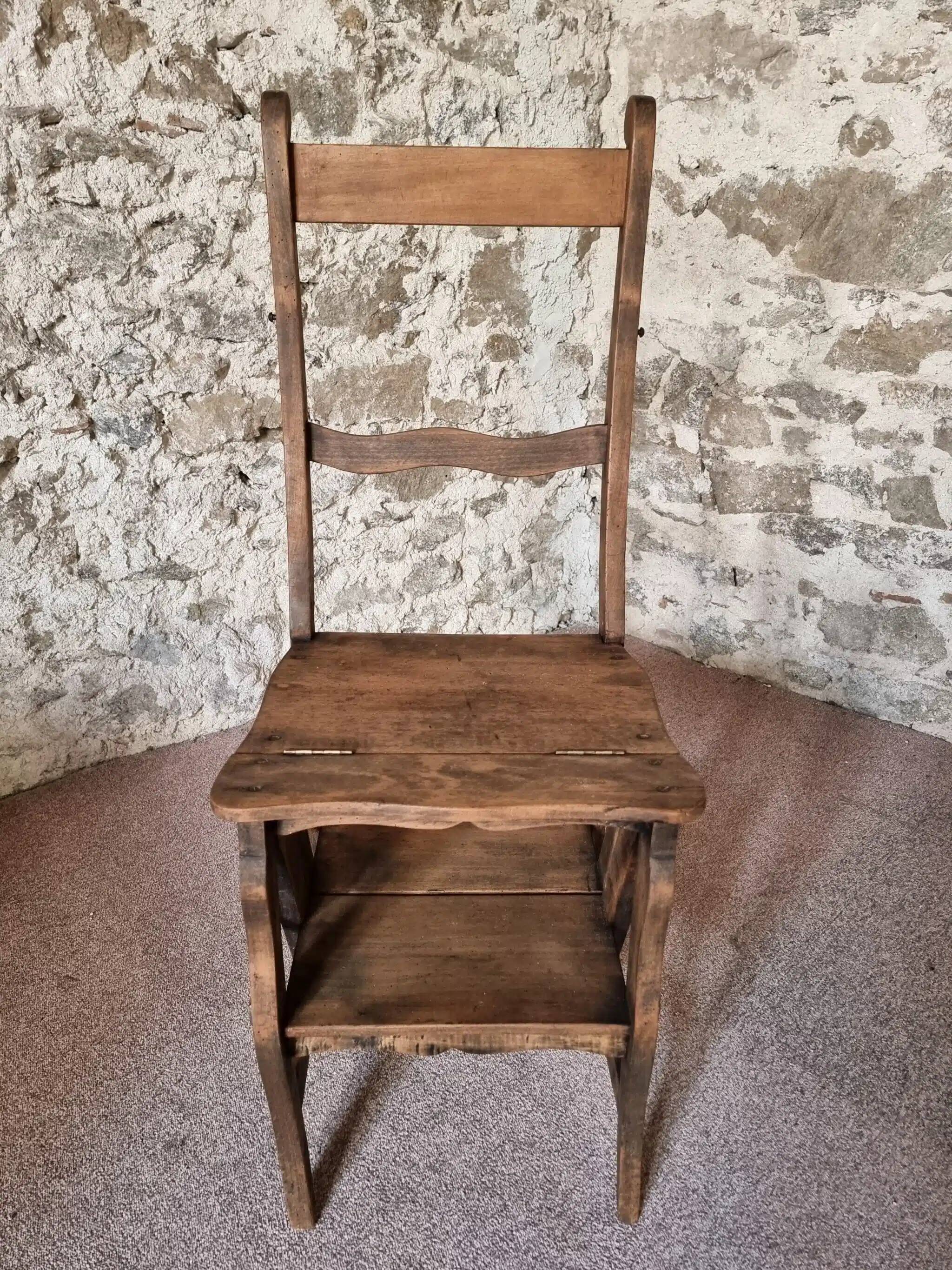 Chaise échelle de bibliothèque en chêne français antique – Tabouret escamotable