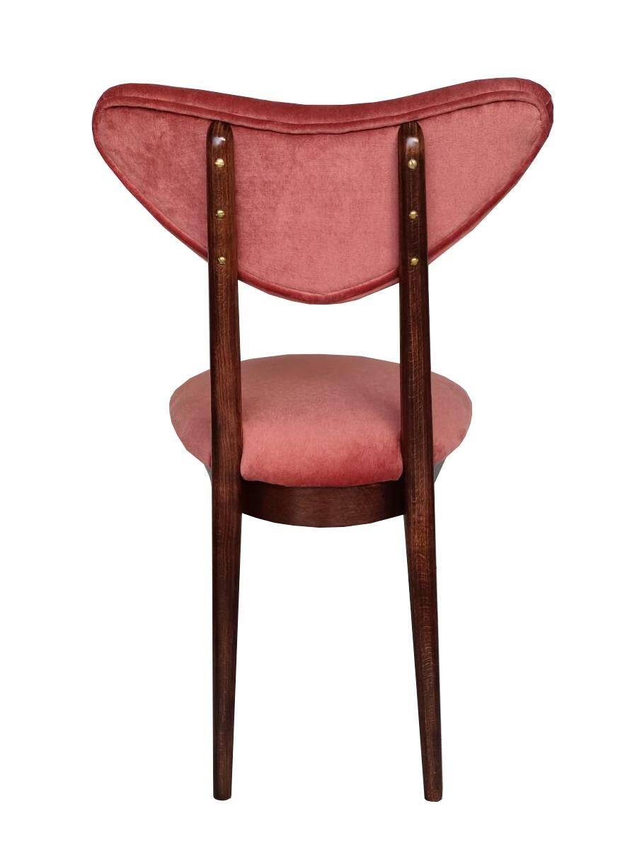 Mid-century orange rose velvet heart chair, walnut wood, Poland, 1960s.