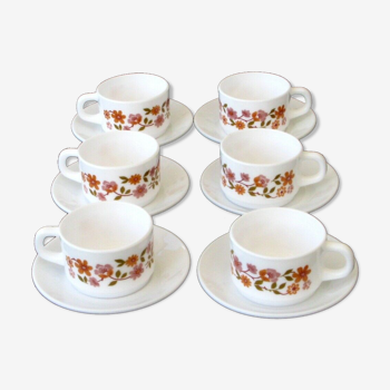 Service à café Arcopal modèle fleurs orange 6 tasses et sous tasses