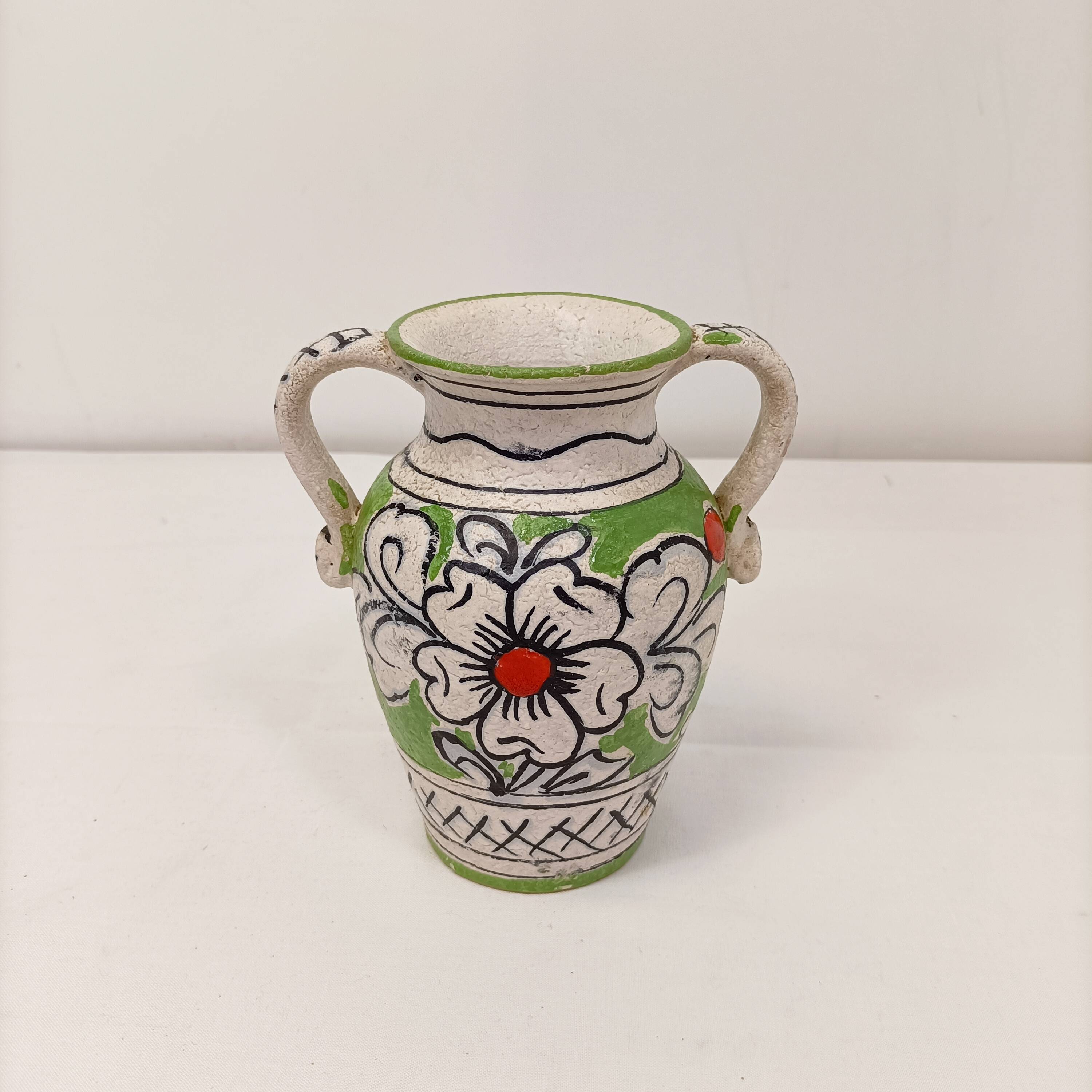 Handcrafted enamelled vase with green and red floral decoration – Italy 15 cm