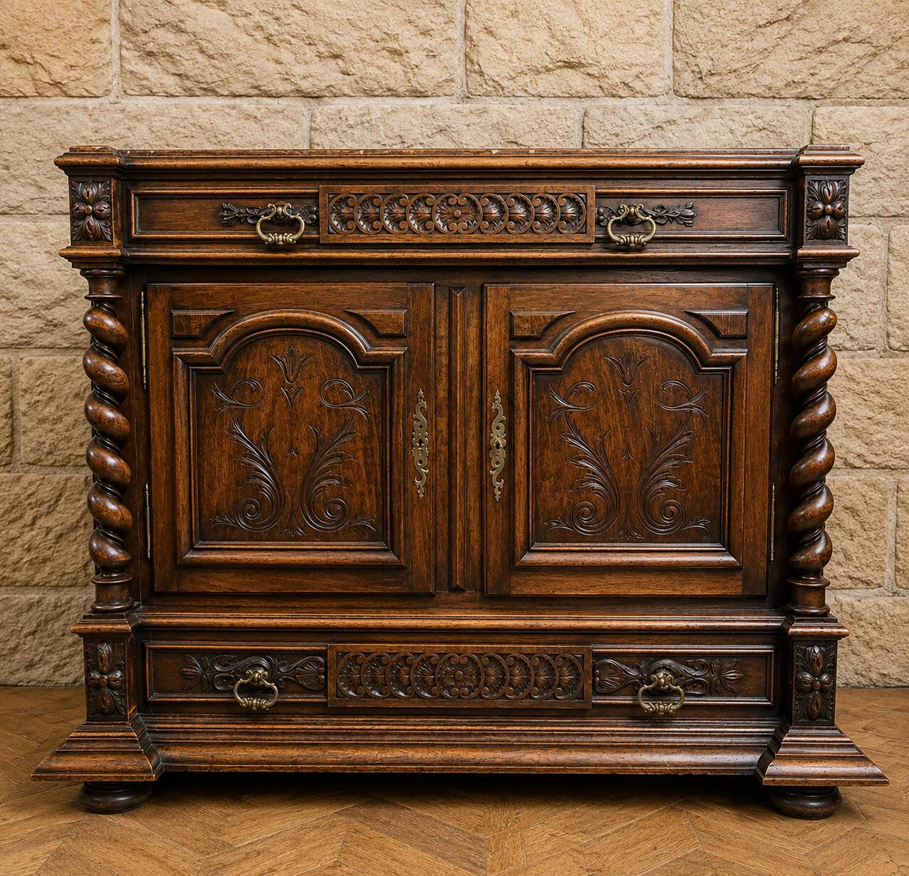 Carved wooden trouser cabinet – Twisted columns – Marble top