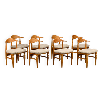 Henning Kjærnulf brutalist dining chairs set in Oak and Sheepskin, Denmark