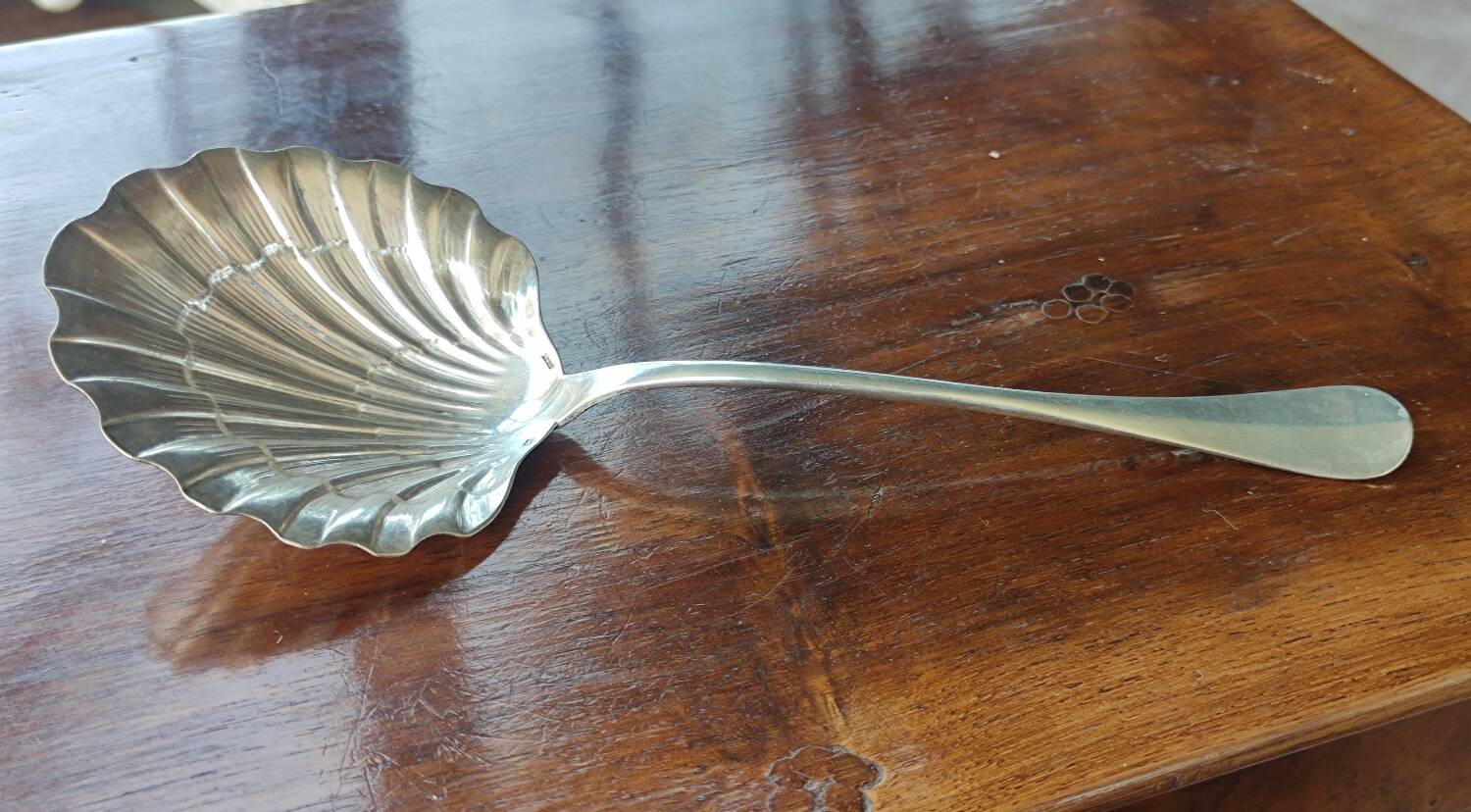 Old silver metal strawberry serving shovel spoon Ercuis goldsmith lily of the valley model