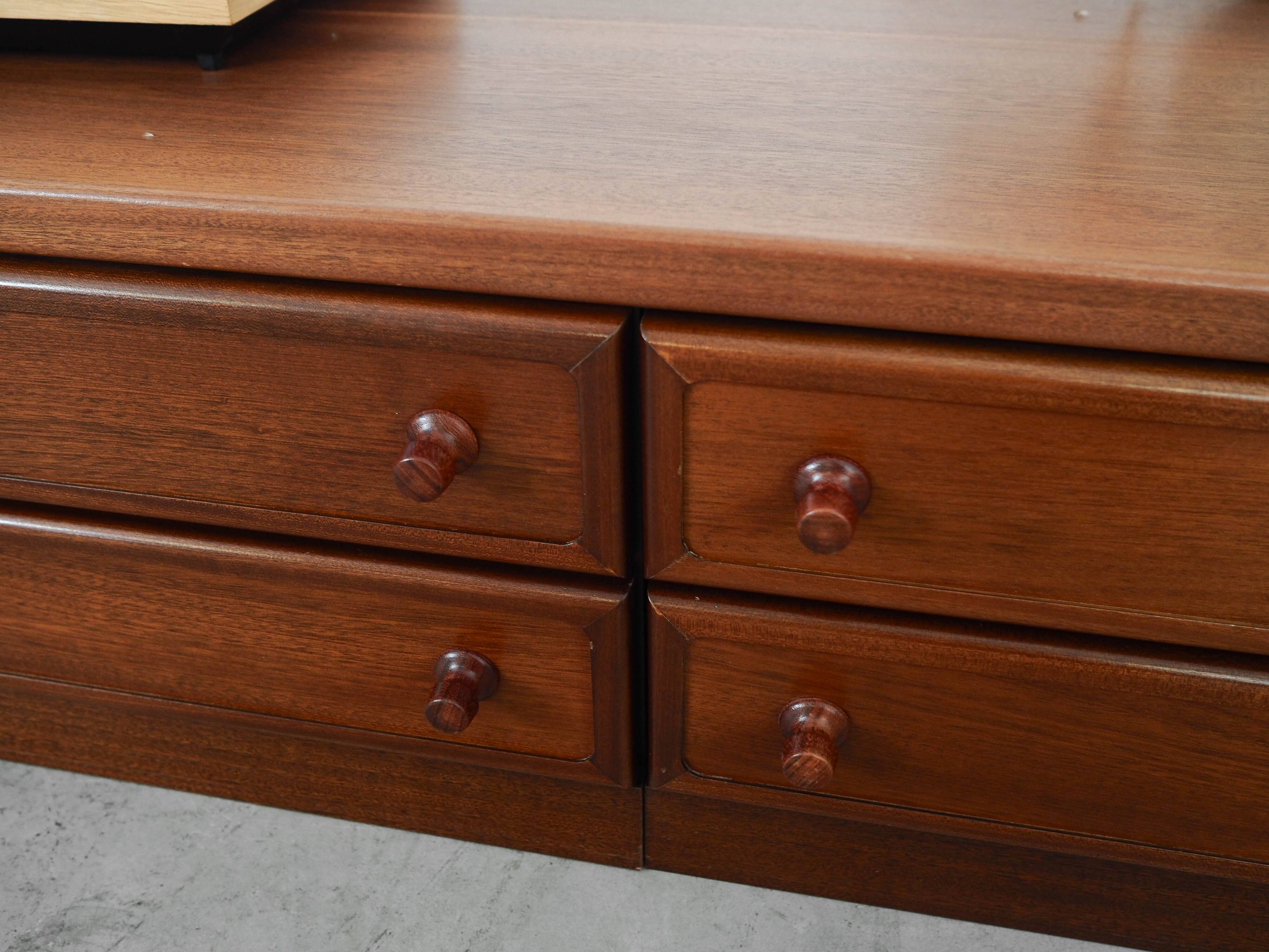 Low mahogany furniture, Danish design, 1970s, made in Denmark.