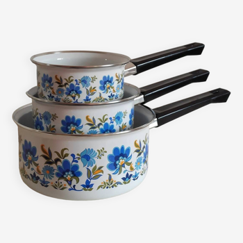 Trio of enameled saucepans