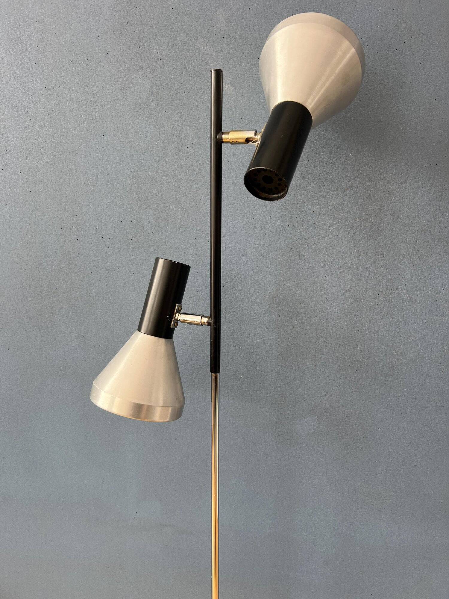 Vintage black mid-century floor lamp with two aluminum spots