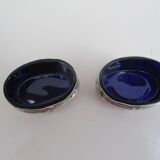 Silver metal and cobalt glass salt pots - EP St & co
