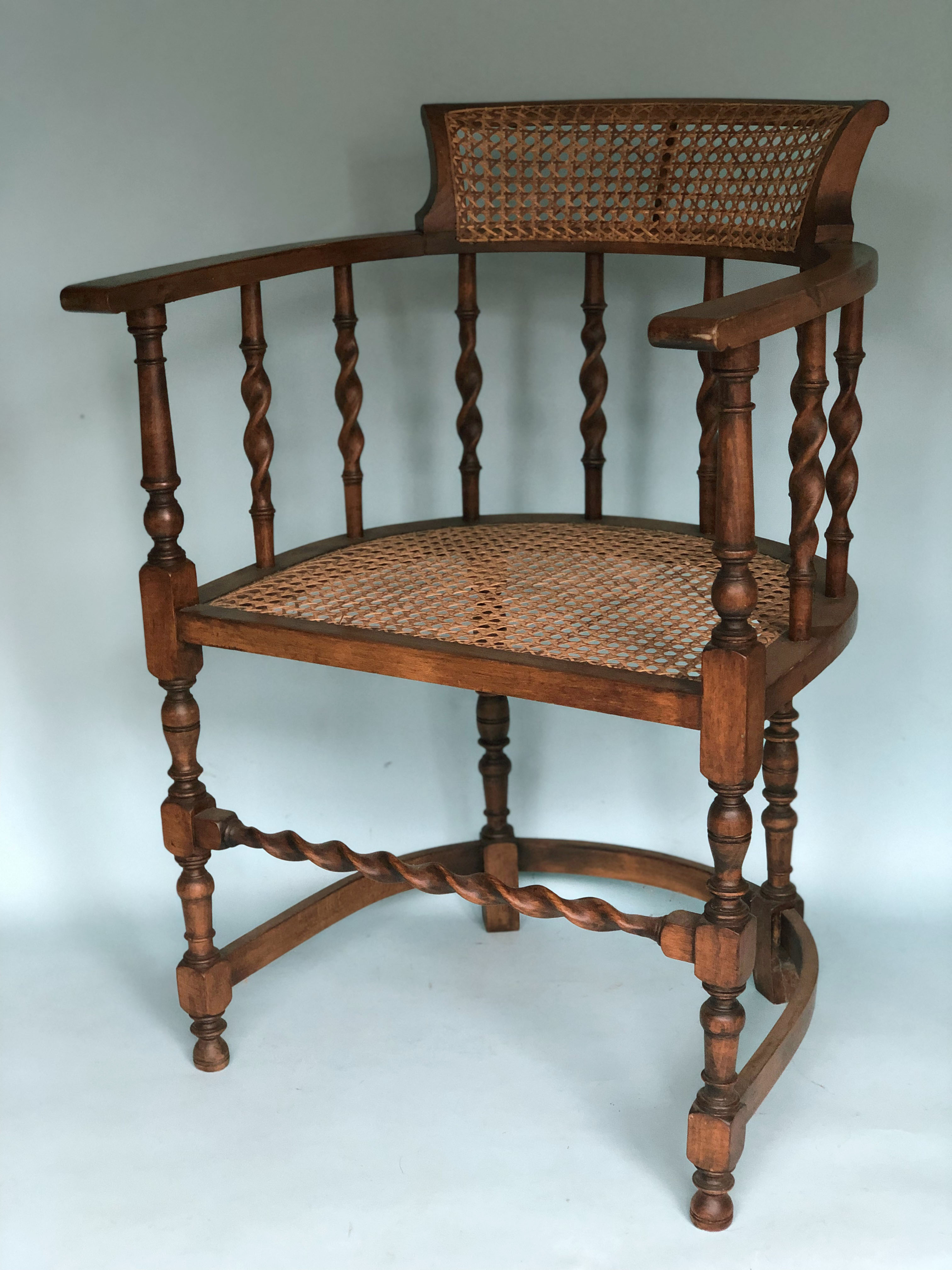 Edwardian barley twist corner chair with cane early 20th century