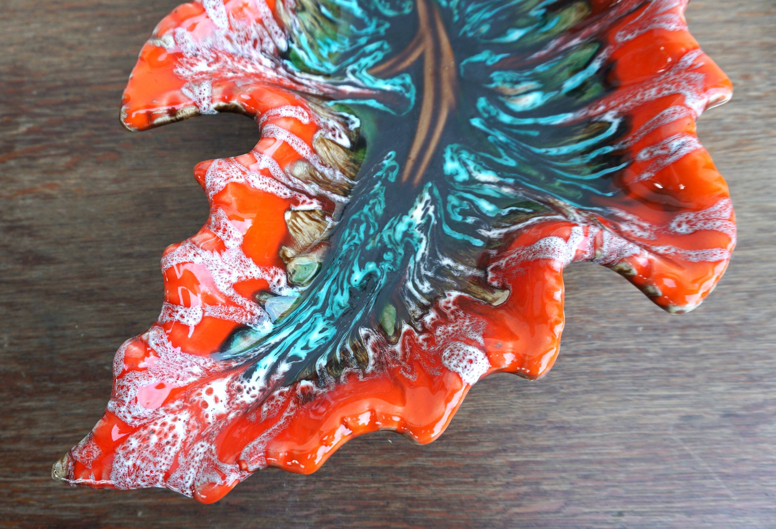 large vintage Vallauris ceramic fruit bowl in leaf shape