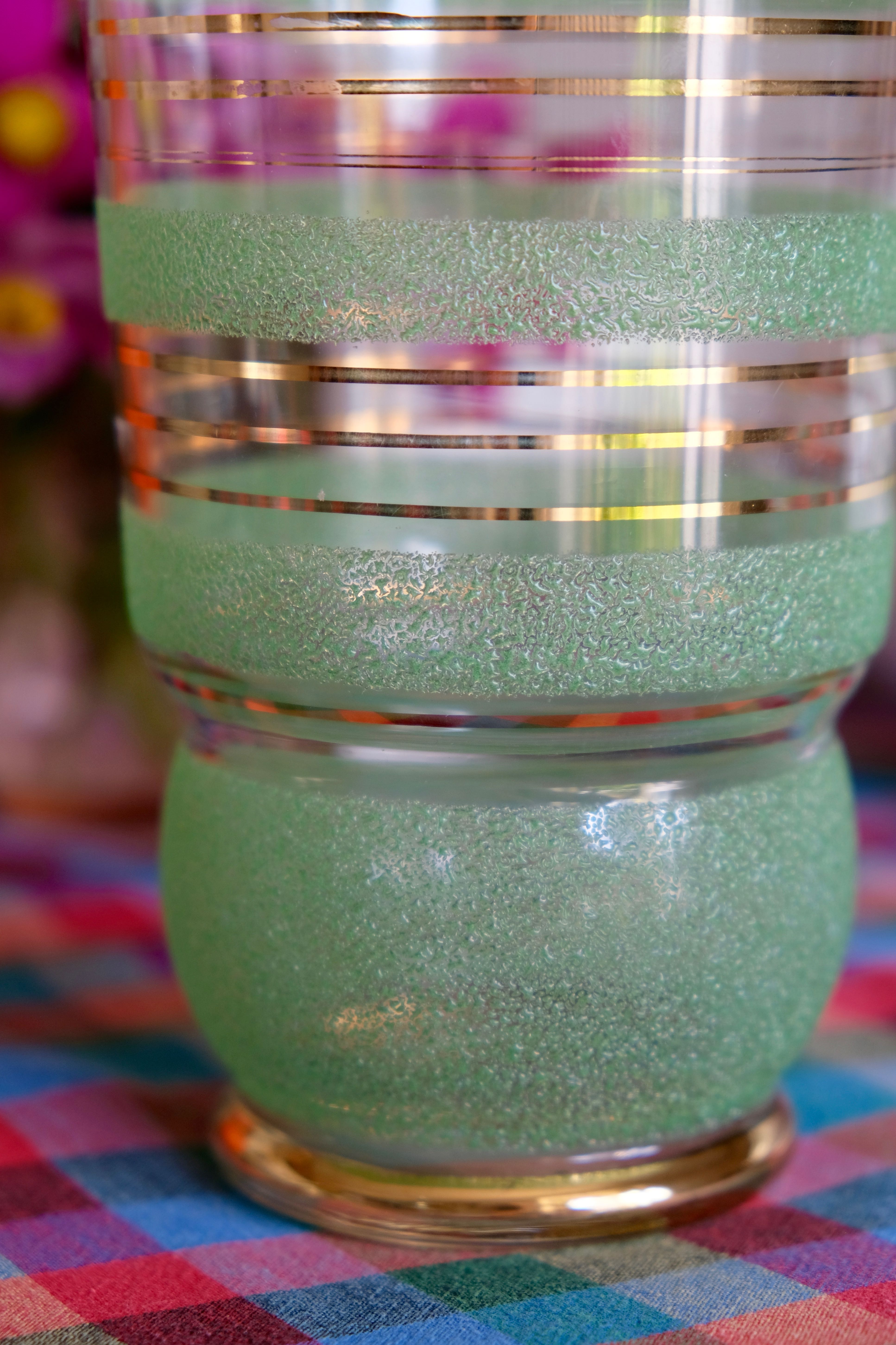 Granite glass vase almond green and golden 1950