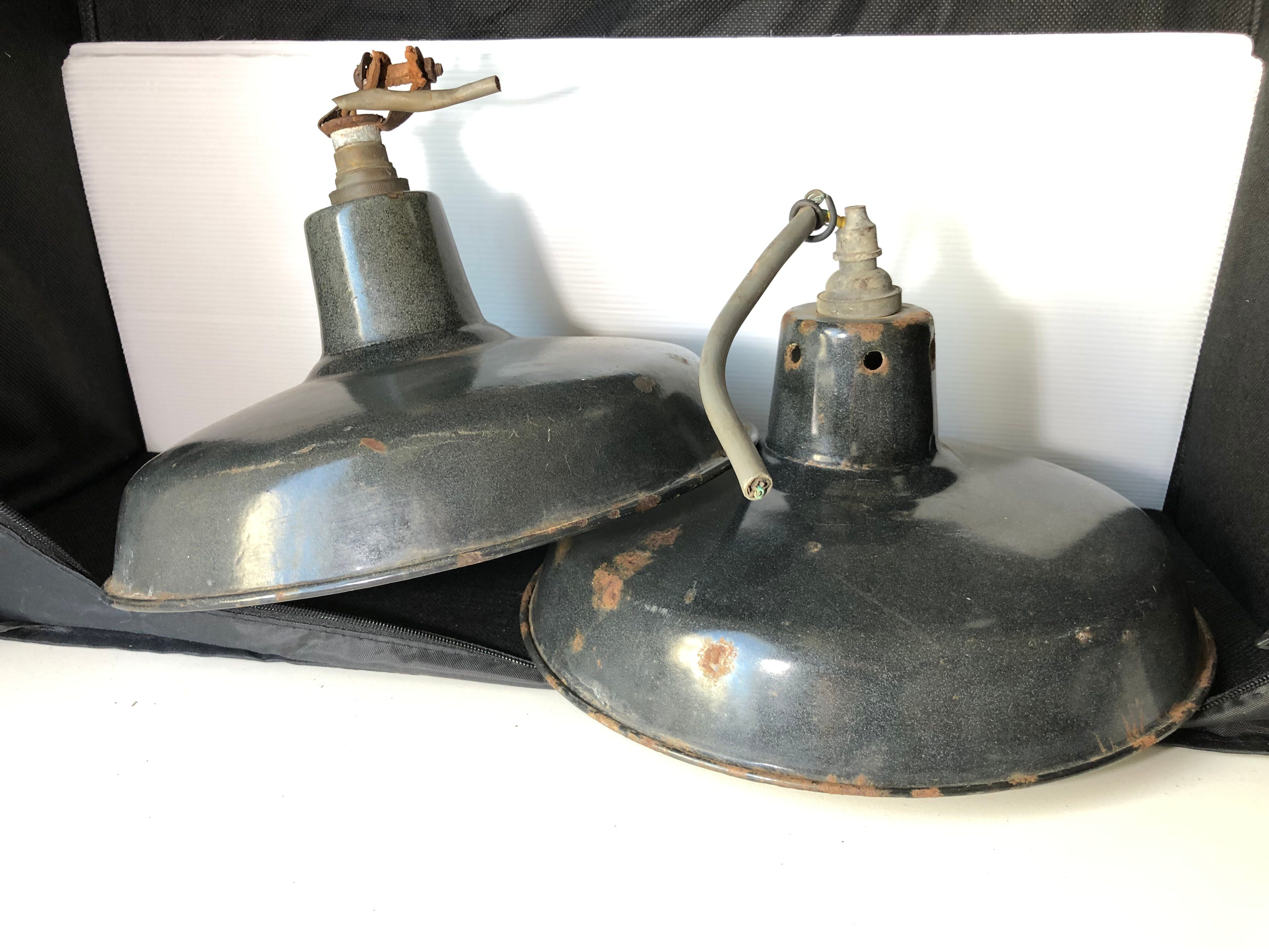 Pair of workshop pendant lights in grey/white enamelled sheet metal