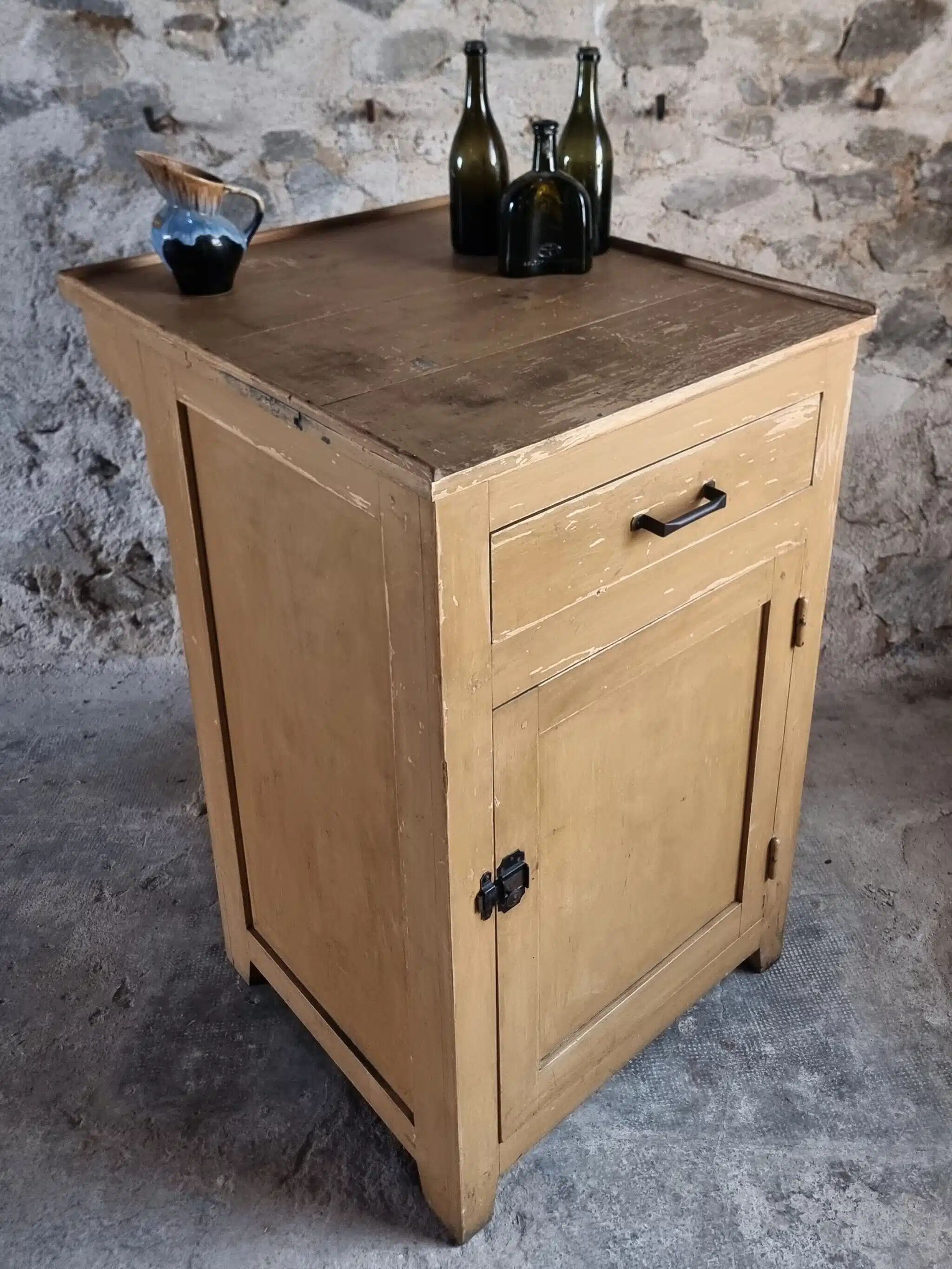 Vintage French Kitchen Work Cabinet - Rustic Painted Pine with Drawer and Cupboard (112 x 70 x 82 cm)