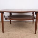 Danish round coffee table in teak, brass and cane, model FD 515 by Peter Hvidt 1960.