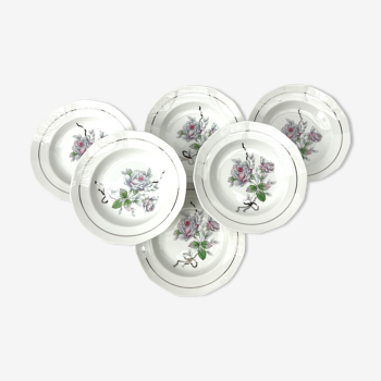 6 assiettes creuses fleur rose porcelaine Limoges