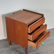 Norwegian bedside table with 3 drawers, teak and brass clogs