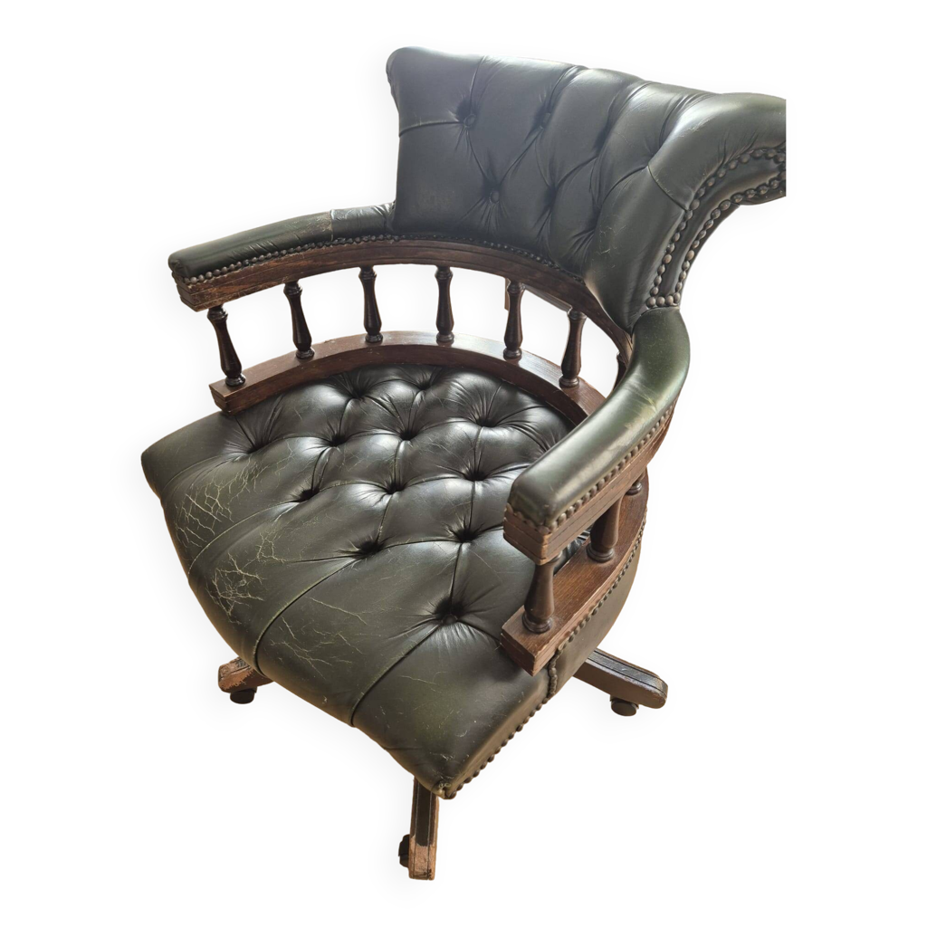 Fauteuil Chesterfield Style Antique – Acajou, Similicuir Vert – Reproduction – Neuf