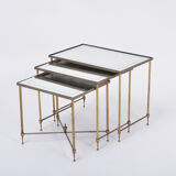 Set of Three Hollywood Regency Brass an Glass Nesting Tables Maison Jansen Style