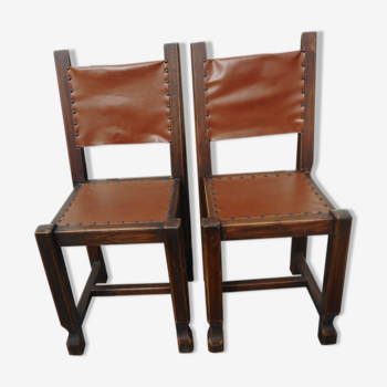 Series of 4 wood and leather chairs