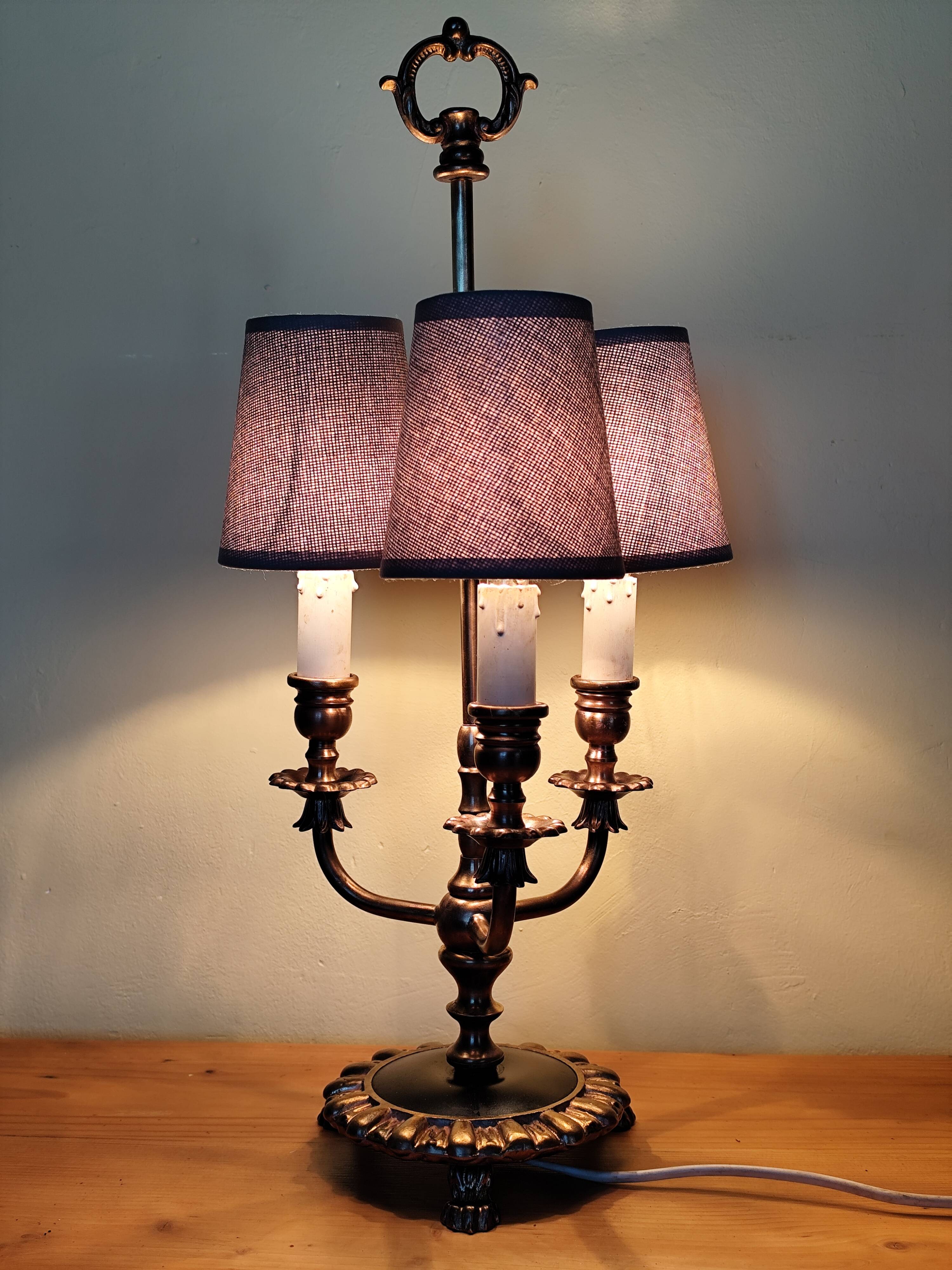three-light candelabra lamp in metal and gilded brass, bouillotte lamp