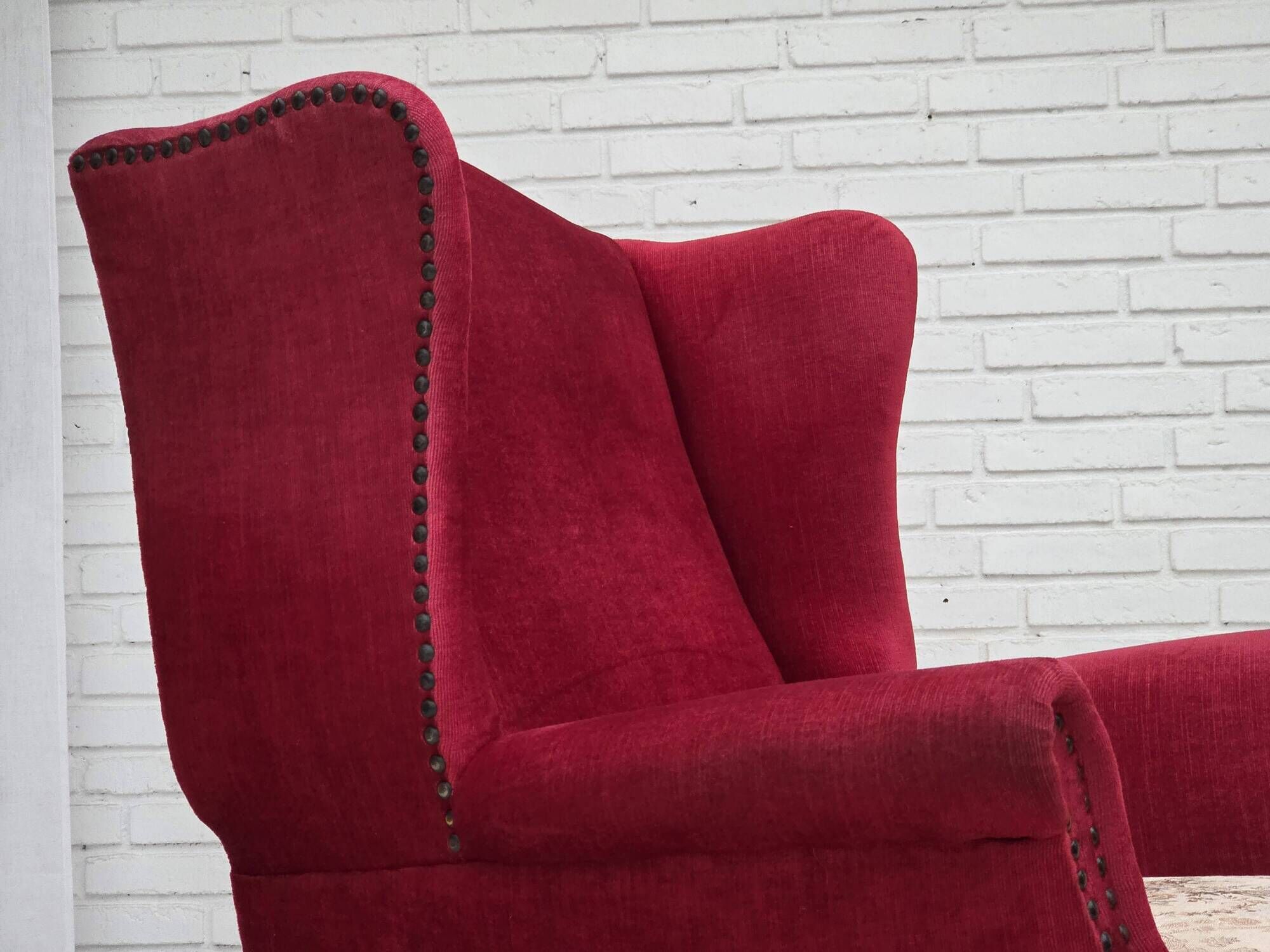 1970s, Danish highback armchair, furniture velour, ash wood legs.