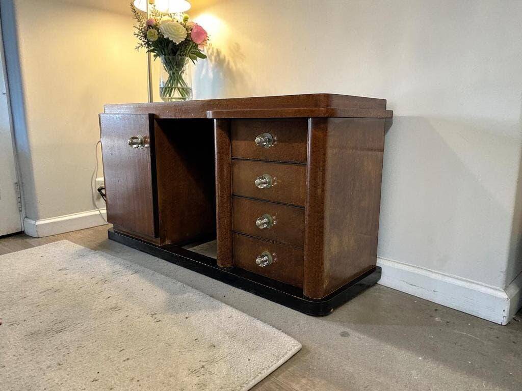 Vintage Art Deco curved sideboard with glass handles.