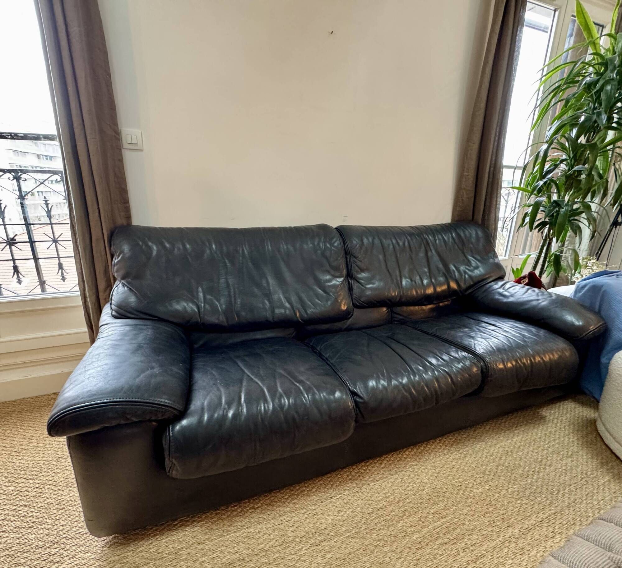 Roche Bobois vintage black leather sofa - 3-seater - 1980s/90s