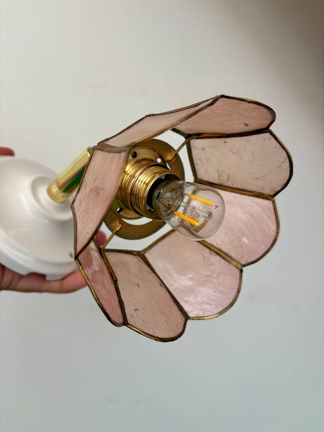 Vintage mother-of-pearl and brass wall lamp with lampshade