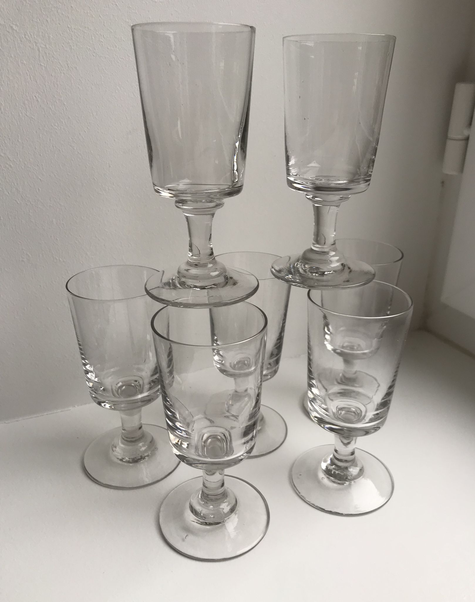 set of 7 glasses with molded glass stems old early twentieth century