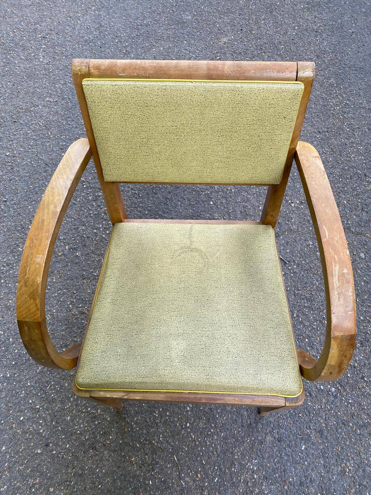 Curved wood and yellow leather bridge office chair