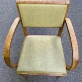 Curved wood and yellow leather bridge office chair