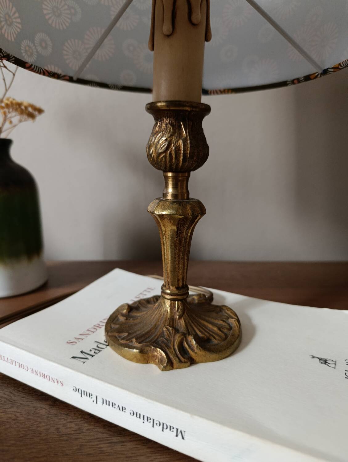 brass table lamp | khaki lampshade with multicoloured daisies