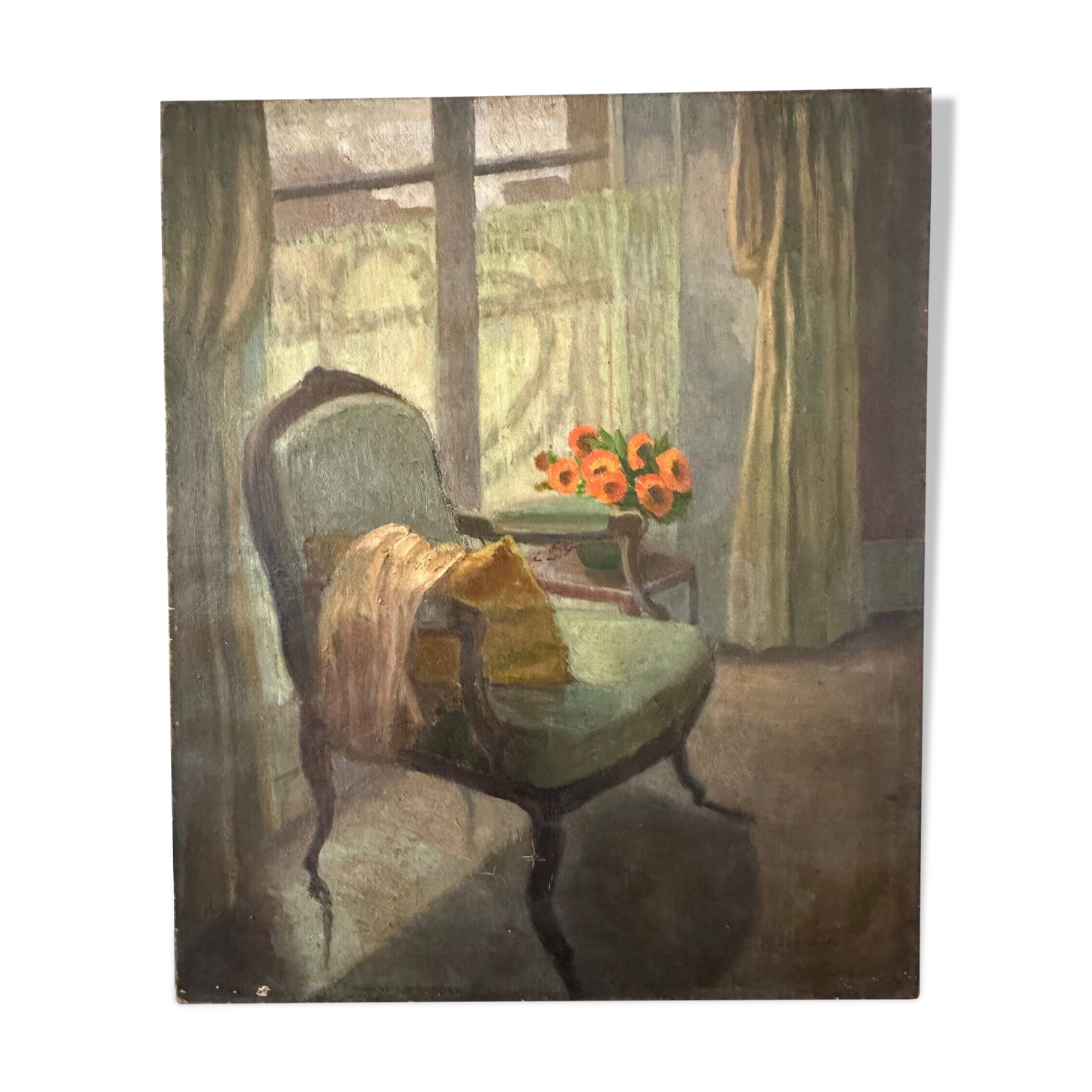 Old painting 1950 interior scene oil on canvas green armchair signed