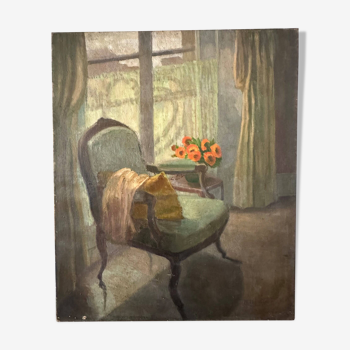 Ancien tableau 1950 scène d'intérieur huile sur toile fauteuil vert signé