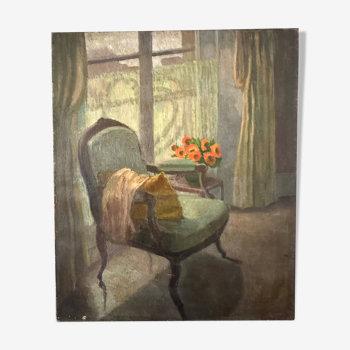 Old painting 1950 interior scene oil on canvas green armchair signed