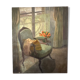 Old painting 1950 interior scene oil on canvas green armchair signed