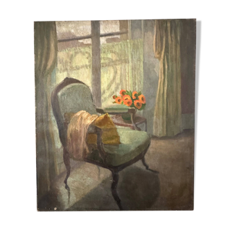 Old painting 1950 interior scene oil on canvas green armchair signed