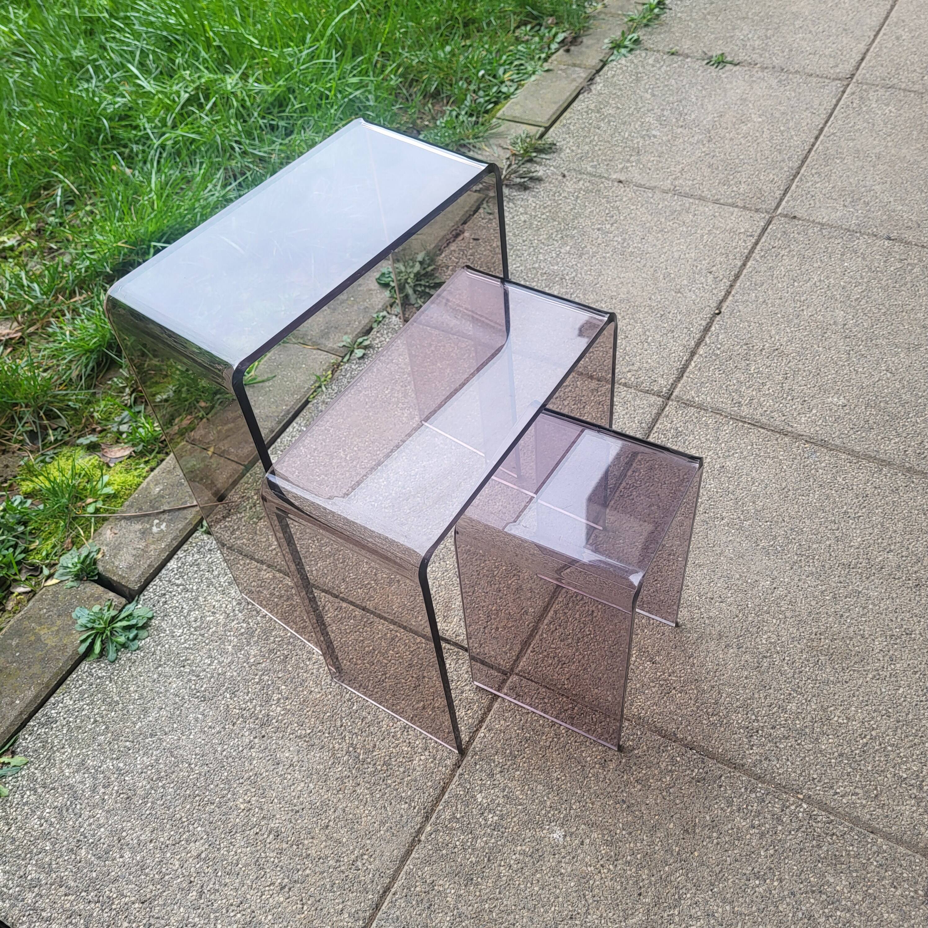 3 side tables, occasional table in smoked plexiglass, 1960s-70s.